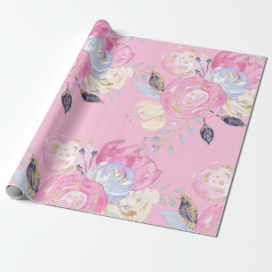 Papier Cadeau Fleurs de Parties scintillant d'or Pastel