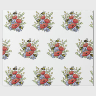 Papier Cadeau Fleurs de pavot et dessin numérique de botanique