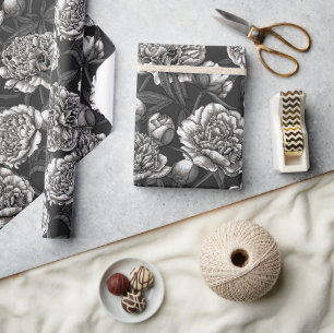 Papier Cadeau Fleurs de pivoines blanches sur gris foncé