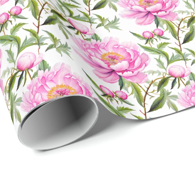 Papier Cadeau Fleurs de pivoines roses avec Feuilles verts Sage (Coin rond)