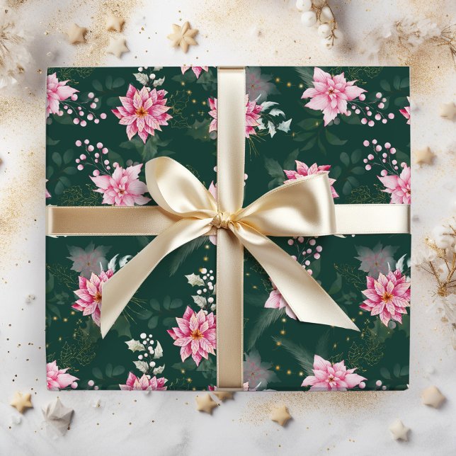 Papier Cadeau Fleurs de Poinsététie rose sur Vert foncé (Créateur téléchargé)