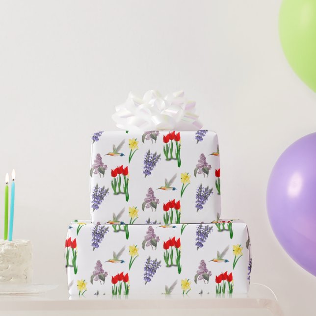 Papier Cadeau Fleurs de printemps et colibri (Cadeaux de fête)