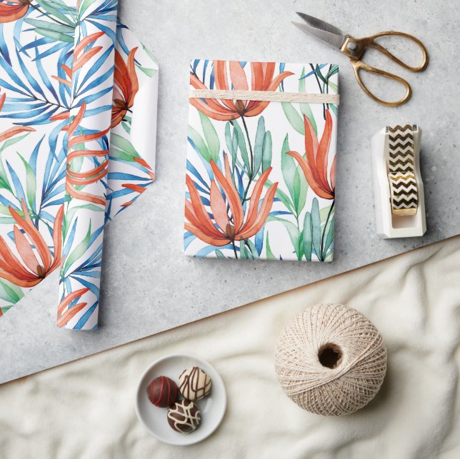 Papier Cadeau Fleurs de Protea et palmier feuille motif tropical (Artisanat)