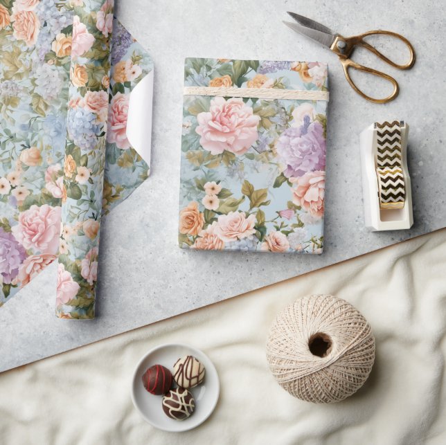 Papier Cadeau Fleurs de régence bleues Roses et Hydrangeas vinta (Artisanat)