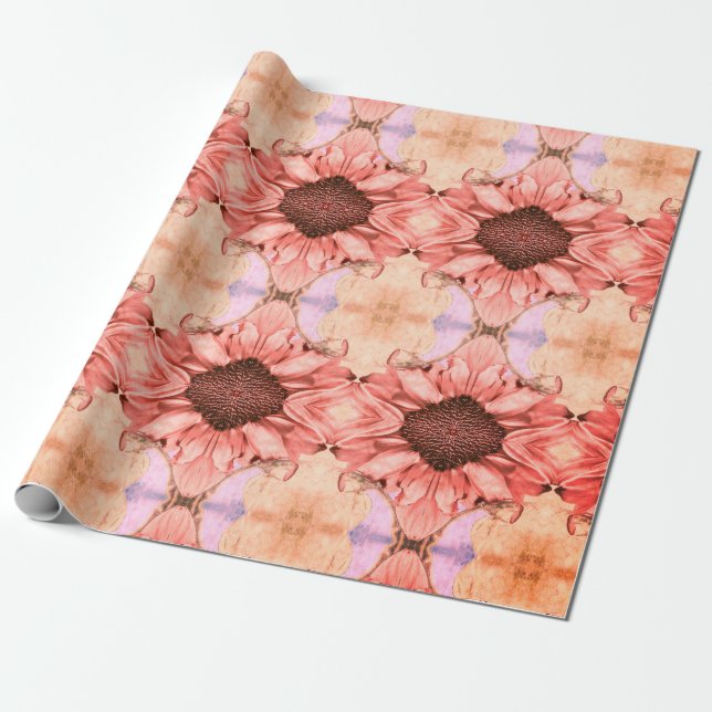 Papier Cadeau Fleurs de soleil d'automne rose Orange Aquarelle F (Déroulé)