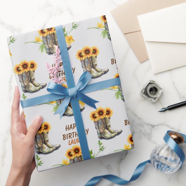 Papier Cadeau Fleurs de soleil et bottes de fille Anniversaire (Cadeaux)