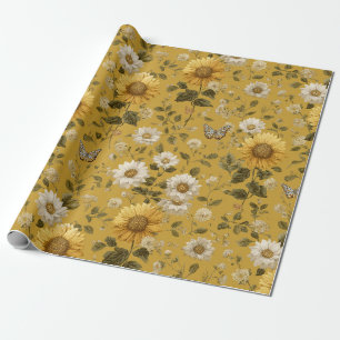 Papier Cadeau Fleurs de soleil et papillons sur Arrière - plan j