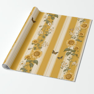 Papier Cadeau Fleurs de soleil et papillons sur bandes jaunes (2