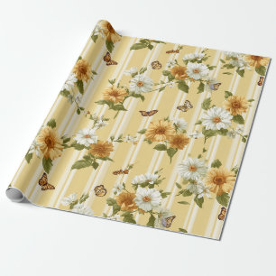 Papier Cadeau Fleurs de soleil et papillons sur bandes jaunes (3