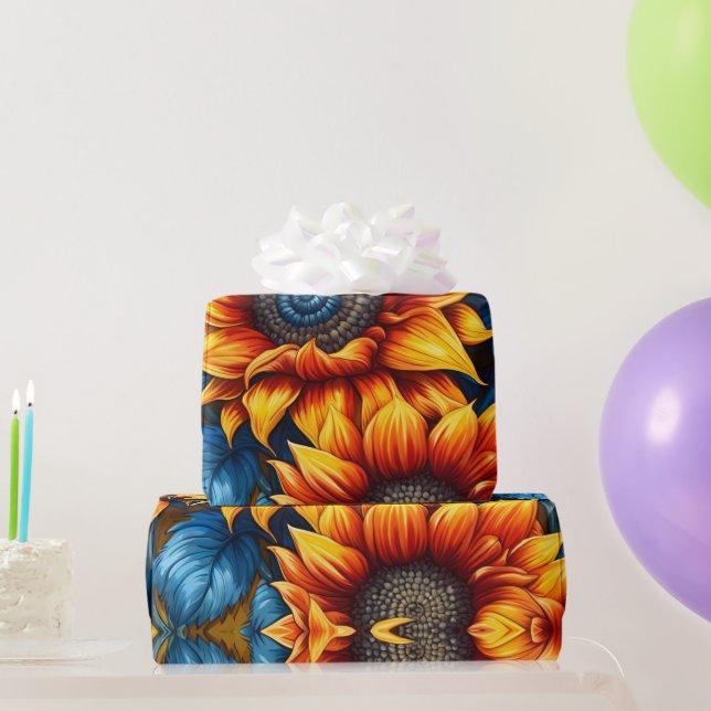 Papier Cadeau Fleurs de soleil jaune rouge et bleu (Cadeaux de fête)