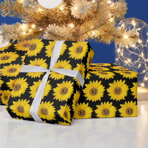 Papier Cadeau Fleurs de soleil jaunes sur Monogramme noir