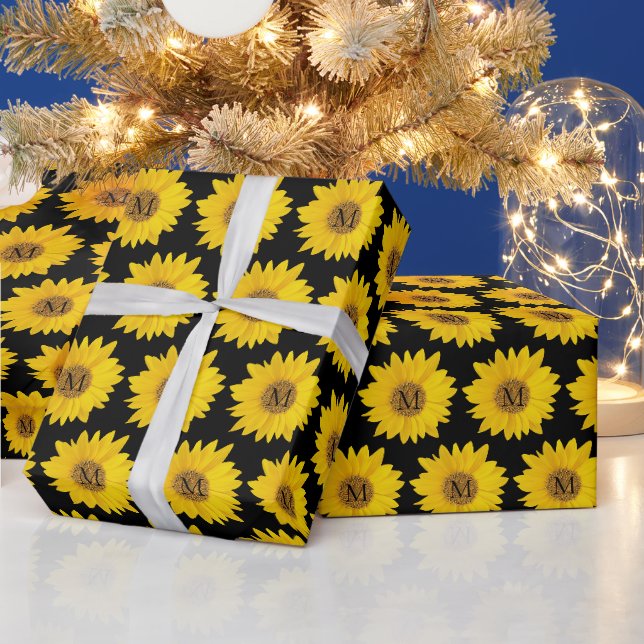 Papier Cadeau Fleurs de soleil jaunes sur Monogramme noir (Vacances)