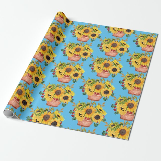Papier Cadeau Fleurs de soleil pointillées sur bleu (Déroulé)
