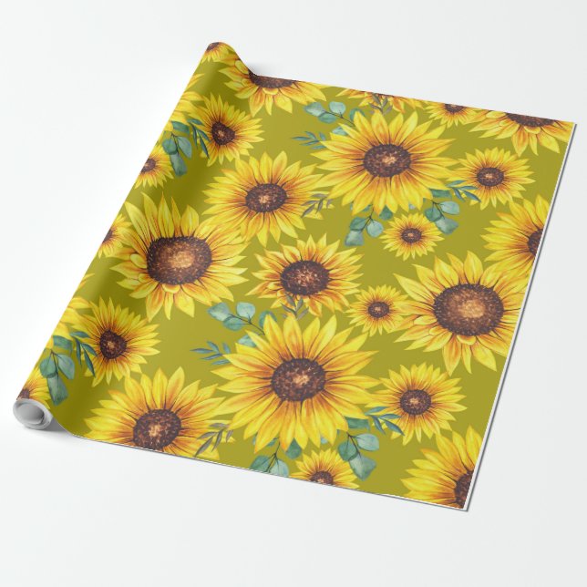 Papier Cadeau Fleurs de soleil sur Arrière - plan jaune (Déroulé)