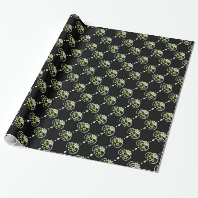 PAPIER CADEAU FLEURS D'ENAMÉRIQUE BLANCHE, PERLES ET DIAMANTS (Déroulé)