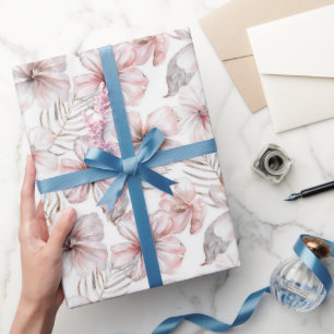 Papier Cadeau Fleurs d'Hibiscus Rose Anniversaire