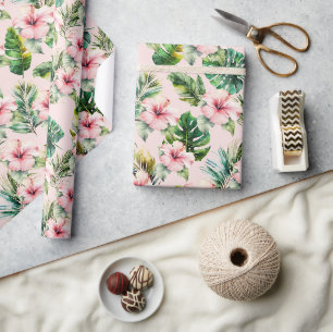 Papier Cadeau Fleurs d'Hibiscus roses aux Feuilles tropicaux