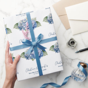 Papier Cadeau Fleurs d'hortensia à l'aquarelle bleue