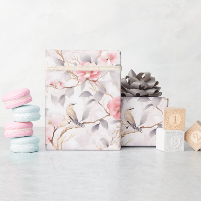 Papier Cadeau Fleurs d'oiseau asiatique rose tendre (Baby Shower)