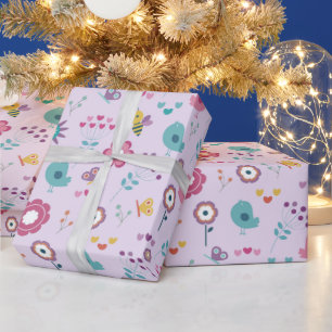 Papier Cadeau Fleurs d'oiseaux, d'abeilles et de papillons