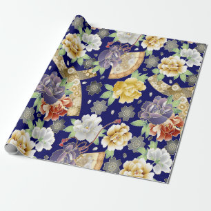 Papier Cadeau Fleurs d'or bleu turquoise Élégant Motif asiatique