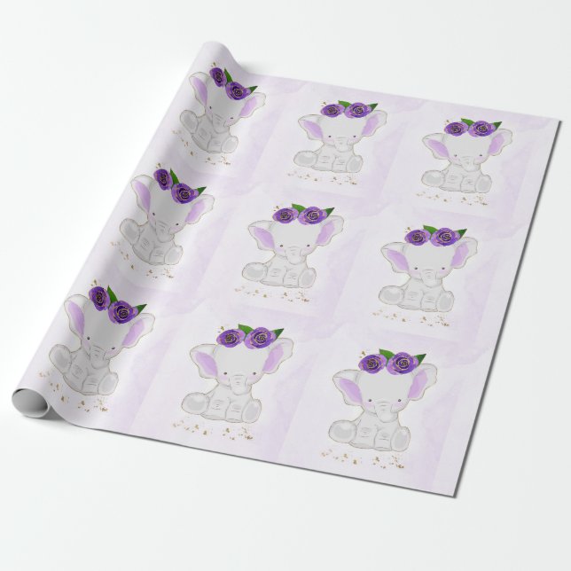 Papier Cadeau Fleurs d'or violet chic Eléphant mou (Déroulé)