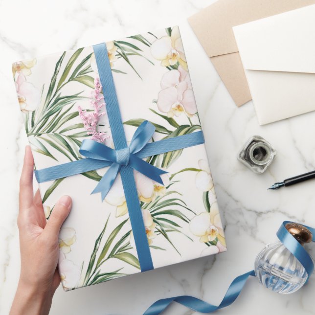 Papier Cadeau Fleurs d'orchidées blanches tropicales pour une do (Cadeaux)