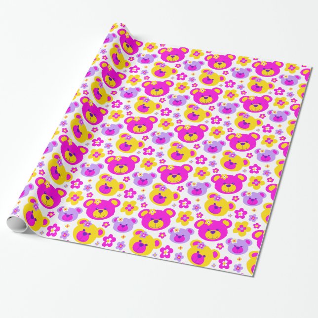 Papier Cadeau Fleurs d'ours en peluche jaune rose filles emballa (Déroulé)