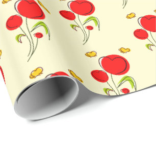 Papier Cadeau Fleurs du Coeur Rouge mignonnes et papillons jaune