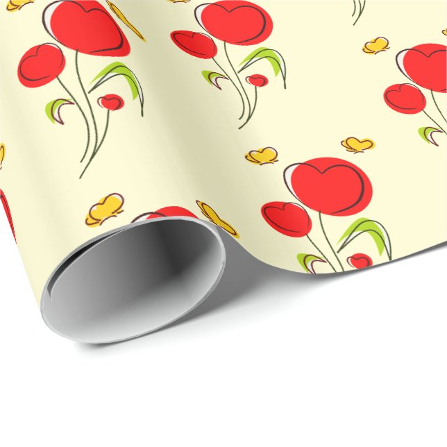 Papier Cadeau Fleurs du Coeur Rouge mignonnes et papillons jaune (Coin rond)