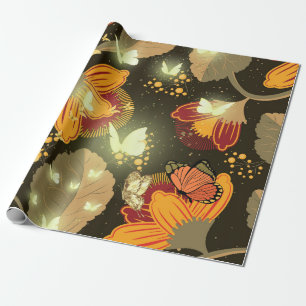 Papier Cadeau Fleurs du jardin foncé et papillons clairs