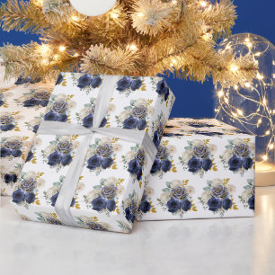 Papier Cadeau Fleurs élégantes bleu marine et or