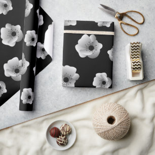 Papier Cadeau Fleurs élégantes noires et blanches Motif minima