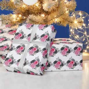 Papier Cadeau Fleurs élégantes rose chaud et argent