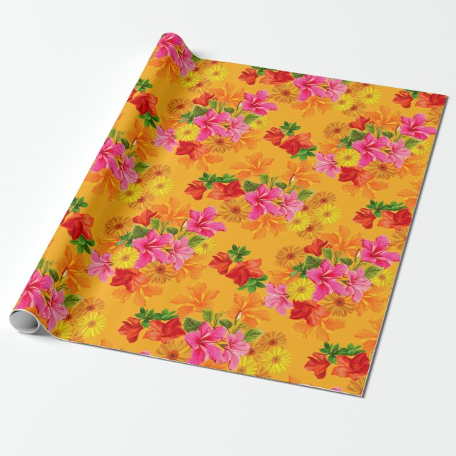 Papier Cadeau Fleurs Élégantes sur Orange (Déroulé)