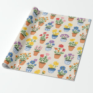Papier Cadeau Fleurs en pot fantaisistes Illustration botanique