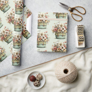 Papier Cadeau Fleurs en pot motif mignon shabby chic