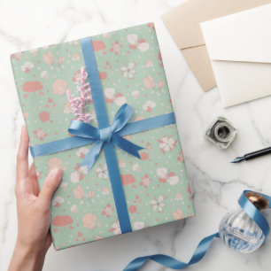 Papier Cadeau Fleurs esquissées sur fond vert clair