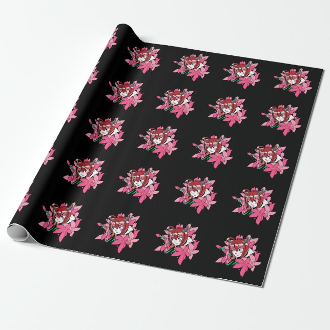 Papier Cadeau Fleurs esthétiques japonaises Anime Girl Demon (Déroulé)