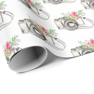 Papier Cadeau Fleurs et caméra sur papier d'emballage blanc