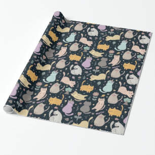 Papier Cadeau Fleurs et chats Papier d'enveloppement