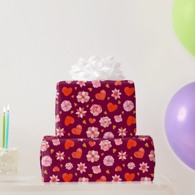 Papier Cadeau Fleurs et Coeurs roses et rouges (Cadeaux de fête)