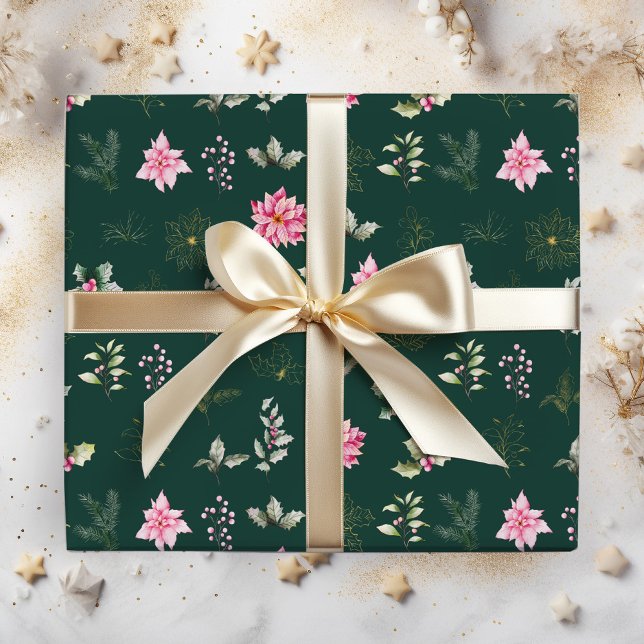 Papier Cadeau Fleurs et feuillage rose Poinsettia sur Vert foncé (Créateur téléchargé)