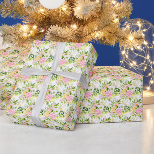 Papier Cadeau Fleurs et feuillage roses et jaunes d'été