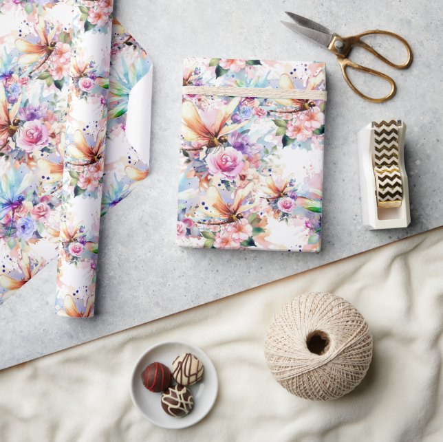 Papier Cadeau Fleurs et libellules enveloppant du papier (Artisanat)