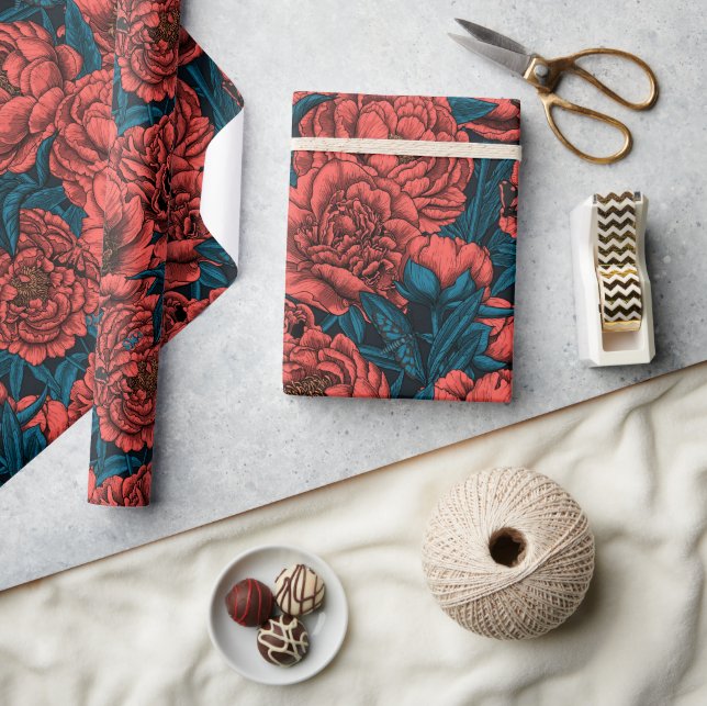 Papier Cadeau Fleurs et moisissures de pivoines rouges (Artisanat)