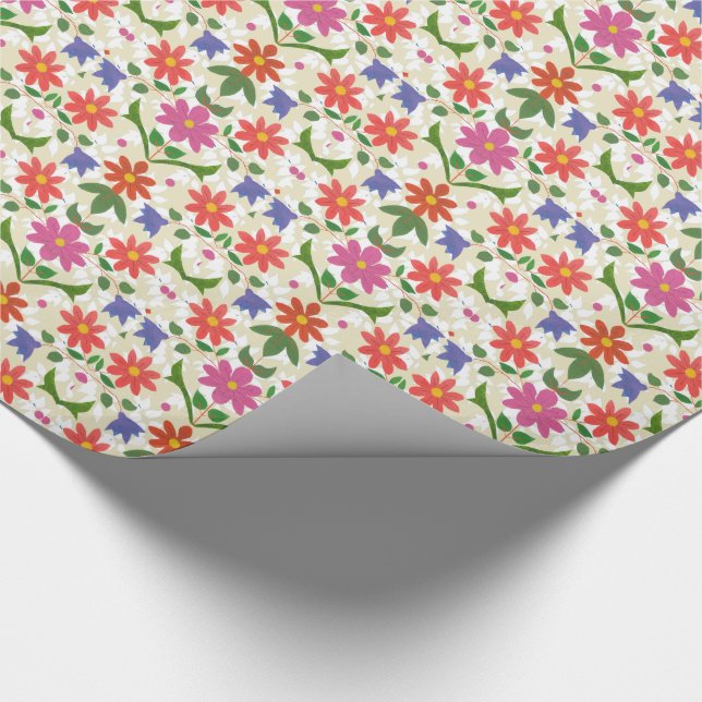 Papier Cadeau Fleurs et Pois roses et orange sur Ecru (Coin)