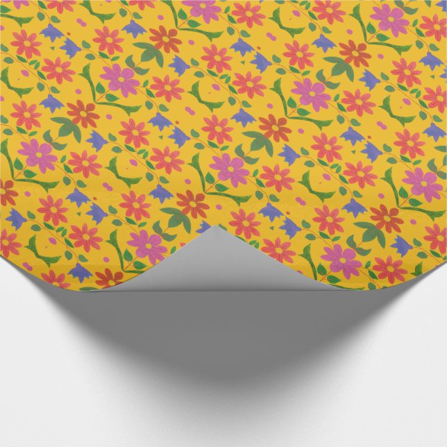 Papier Cadeau Fleurs et Pois sur papier d'enveloppement jaune (Coin)