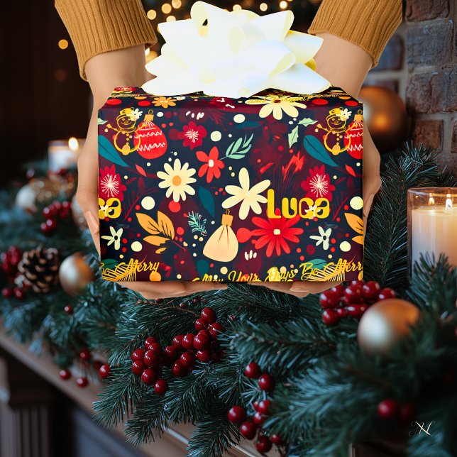 Papier Cadeau Fleurs Festives personnalisées et ornements Noël (Créateur téléchargé)