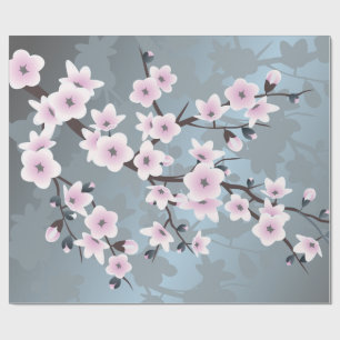 Papier Cadeau Fleurs florales de cerises bleues rose cendré